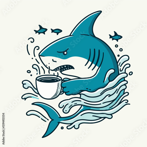 Caffeinated Shark's Oceanic Awakening: An illustrated marine predator sips a steaming beverage amidst oceanic waves, capturing a lighthearted yet formidable energy.