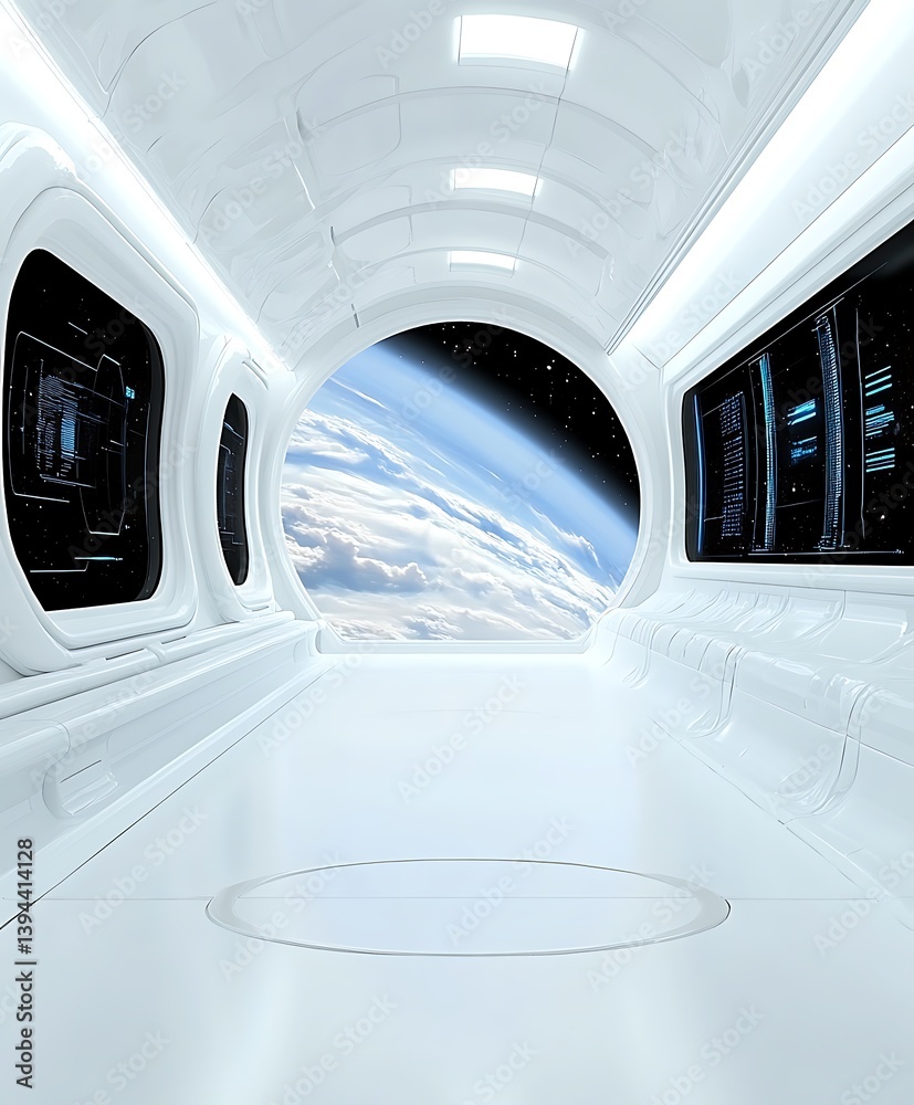 An inside view of a spaceship interior looking towards the earth