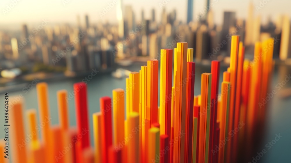 A top-down view of a vibrant D bar graph with floating bars arranged in a wave pattern, creating a visually dynamic effect against a soft-focus city skyline. A top-down view of a vibrant D bar graph with floating bars arranged in a wave pattern, creating a visually dynamic effect against a soft-focus city skyline.