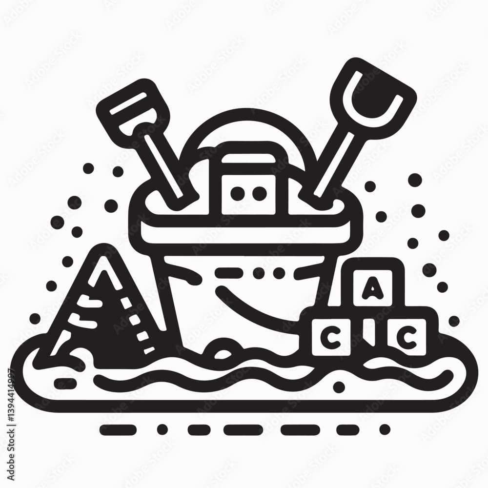 Obraz premium Toys in Sandbox, Bucket With Handle, Shovel, Kids Pyramid And ABC Cube in Sand - Cut Out Vector