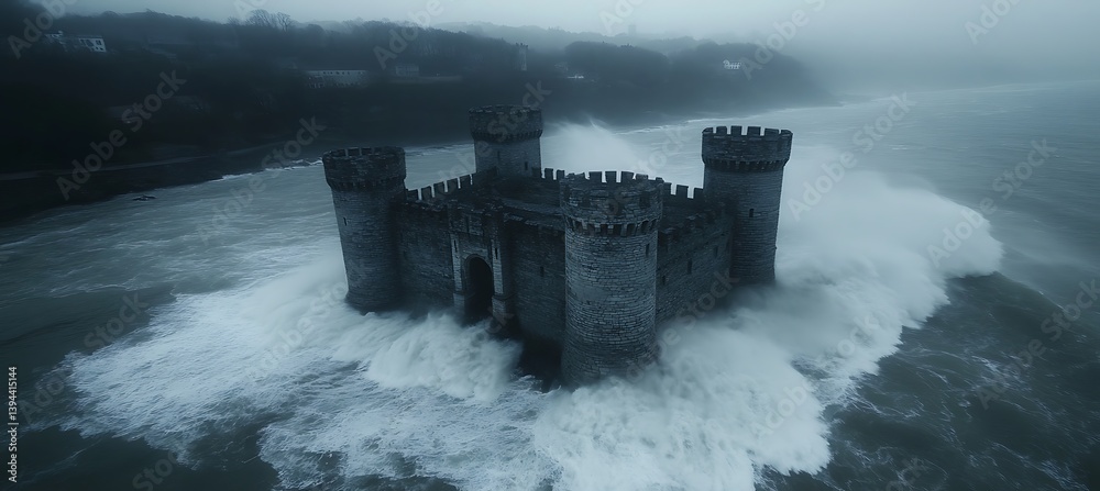 A stone castle battling waves in a dark and stormy environment