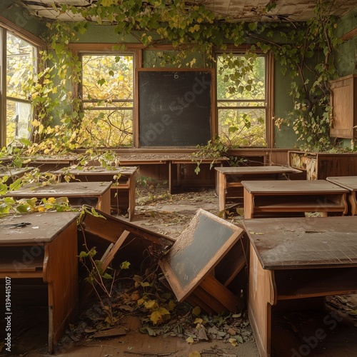 An abandoned school classroom with overturned desks, cracked chalkboards, and vines growing through the windows.