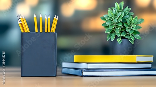 Pencils books and a plant displayed on a wooden surface