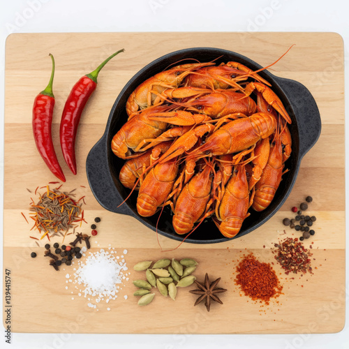  Boiled crawfish with assorted spices and chili peppers on wooden board