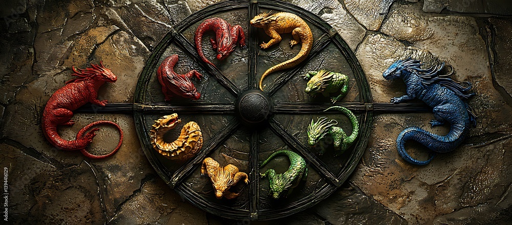 Colorful reptilian creatures adorn a decorative wooden wheel and stone wall