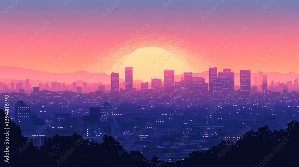 Fototapeta premium A vibrant city skyline at sunset, featuring a colorful gradient sky and silhouetted buildings against a mountainous backdrop.