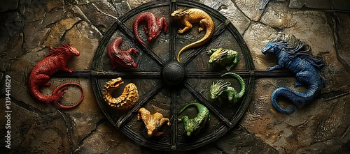 Obraz na płótnie Colorful reptilian creatures adorn a decorative wooden wheel and stone wall w salonie