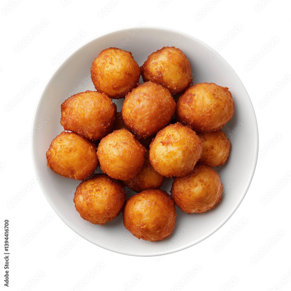 Golden, crispy balls of fried dough arranged neatly in a white bowl, highlighting their texture and appetizing appearance. isolated on white background and transparent background Golden, crispy balls of fried dough arranged neatly in a white bowl, highlighting their texture and appetizing appearance. isolated on white background and transparent background