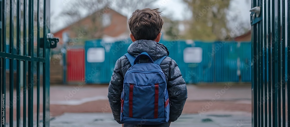 A young child is walking through an open school gate