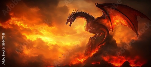 A fearsome dragon perched on a rock amidst fiery clouds