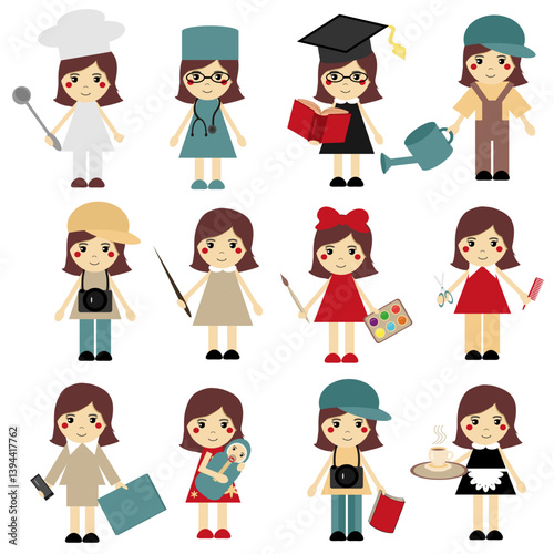Different jobs cartoon woman girl nice cute on white background teacher, doctor, cock, artist, gardener, photographer etc on white set collection vector illustration 