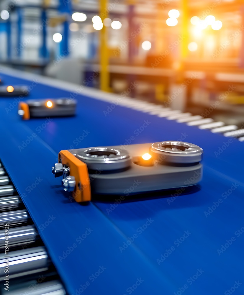 A close up of a manufacturing system on a conveyor belt