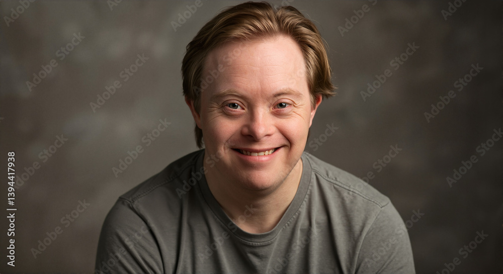 Fototapeta premium Smiling young man with Down syndrome in a studio setting 