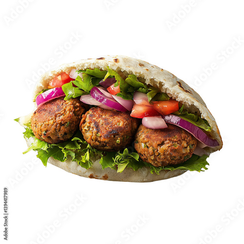 A pita filled with three falafel balls, fresh lettuce, onions, and tomatoes, served isolated on white background and transparent background
