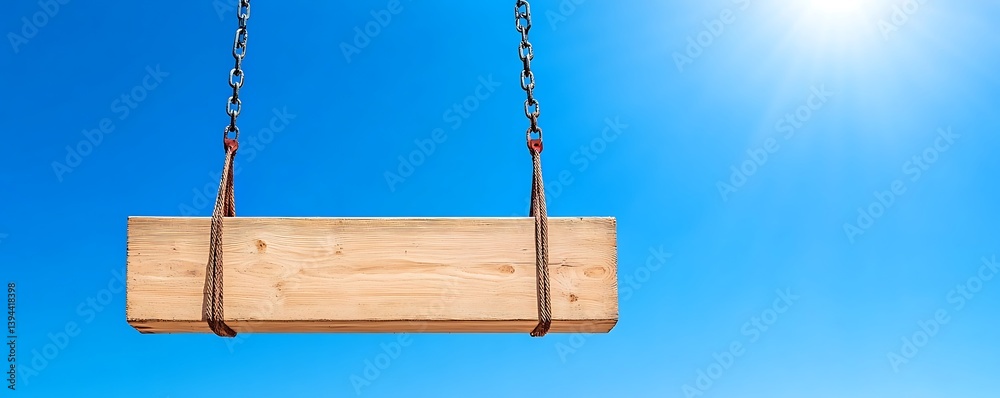 Wooden plank suspended in the air by chains against blue sky