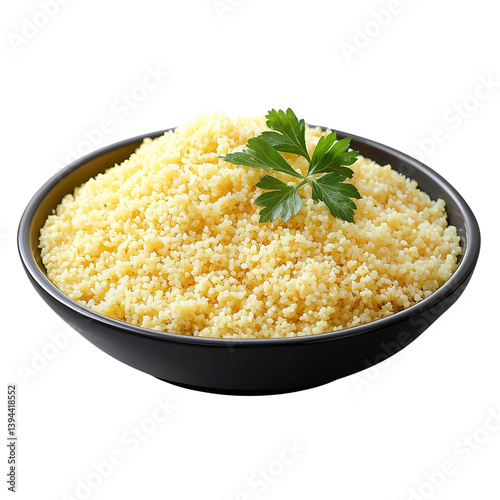 A bowl of couscous garnished with fresh herbs, showcasing its fine texture and golden hue isolated on white background and transparent background