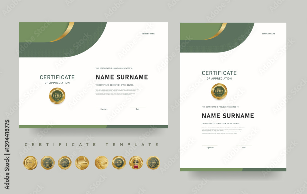 Fototapeta premium Certificate of appreciation template with modern green design. Editable vector layout with luxury award badges. Suitable for professional recognition, achievement, or course completion.