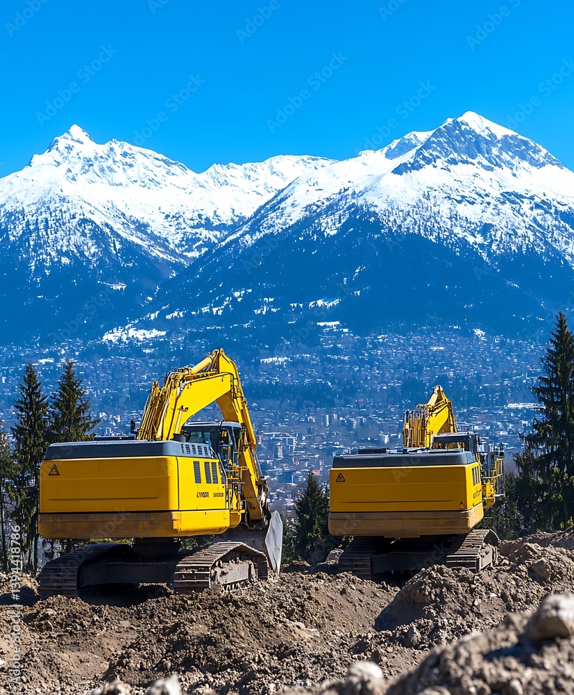Two yellow excavators working on a construction site in mountains
