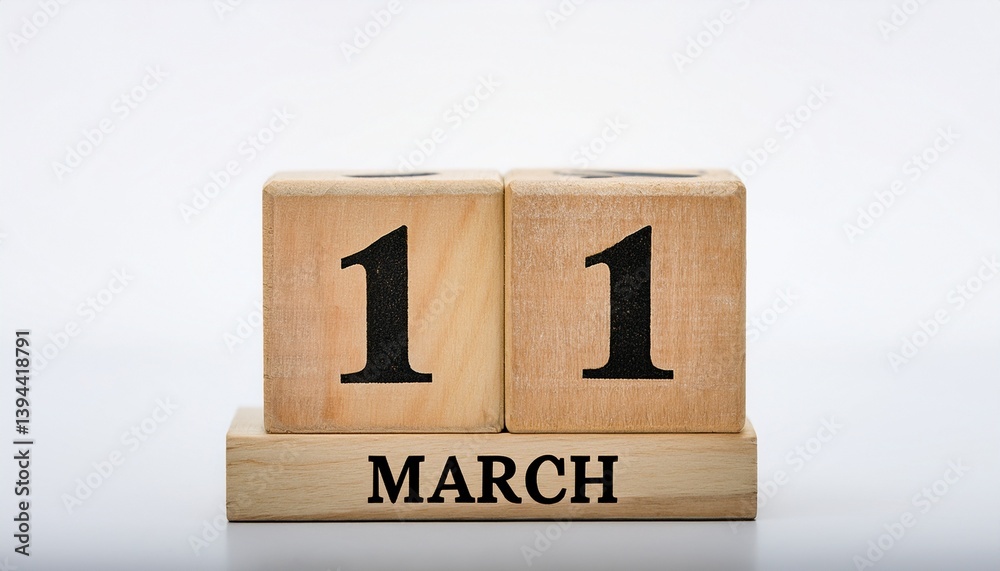 Minimalist photo of a wooden blocks with date 11 March. Day and month, calendar on white background Minimalist photo of a wooden blocks with date 11 March. Day and month, calendar on white background