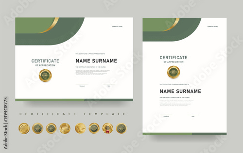 Certificate of appreciation template with modern green design. Editable vector layout with luxury award badges. Suitable for professional recognition, achievement, or course completion.