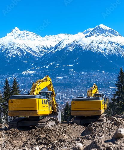 Obraz na płótnie Two yellow excavators working on a construction site in mountains w salonie