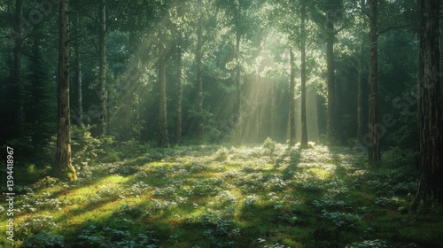 A tranquil forest scene with sunlight filtering through trees, casting soft rays on lush green undergrowth, creating a serene and peaceful atmosphere.