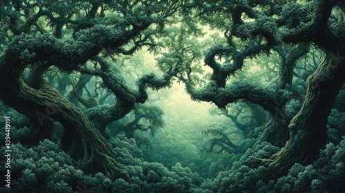 Wallpaper Mural Lush, twisting trees create a mystical forest scene, with dense foliage and a soft, diffused light filtering through the branches. Torontodigital.ca