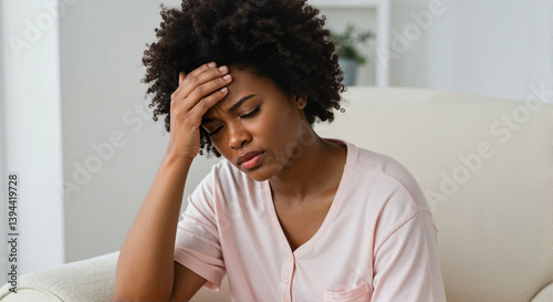 Woman experiencing headache in cozy indoor setting reflecting stress relief techniques for health blogs, wellness articles, mental health awareness, and lifestyle websites