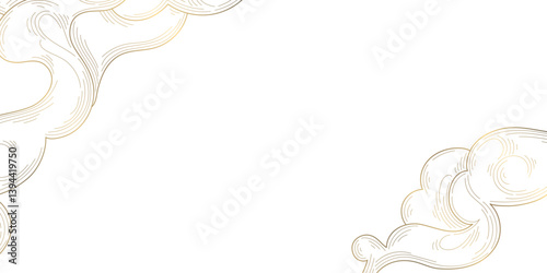 Vector golden line japanese, chinese clouds frame, sky wavy ornament. Luxury nature art element poster, pattern, oriental ornament