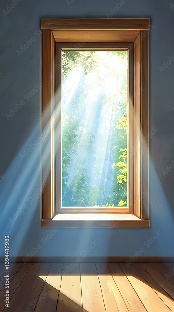 Obraz premium Sunlight streams through window to forest