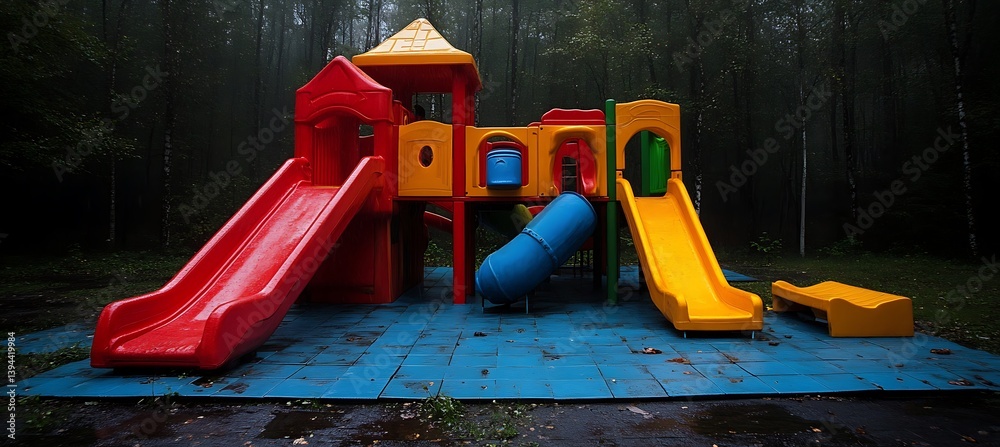 A colorful playground structure sits surrounded by forest trees