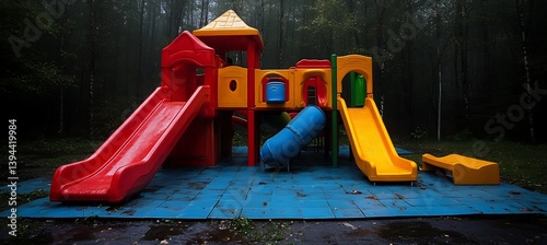 Obraz na płótnie A colorful playground structure sits surrounded by forest trees w salonie