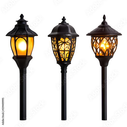 Decorative solar garden lights in various styles isolated on white background