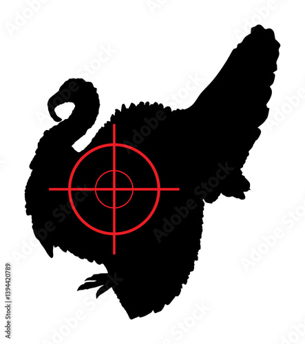 Man hunter sight sniper rifle aims at turkey male cock vector silhouette illustration isolated. Sport hunting wild animal target bird shape. Precise shoot targeting gobbler prey shadow. Hunt shooting.