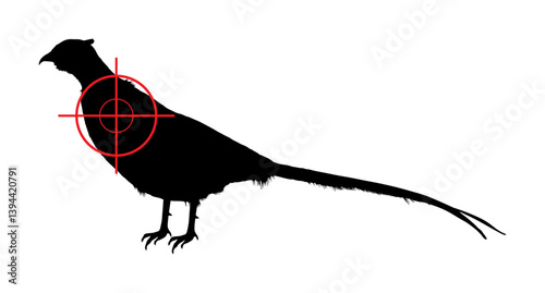 Man hunter sight sniper rifle aims at pheasant male cock vector silhouette illustration isolated. Hunting wild animal target bird shape. Precise shoot targeting pheasant prey shadow. Hunt shooting.