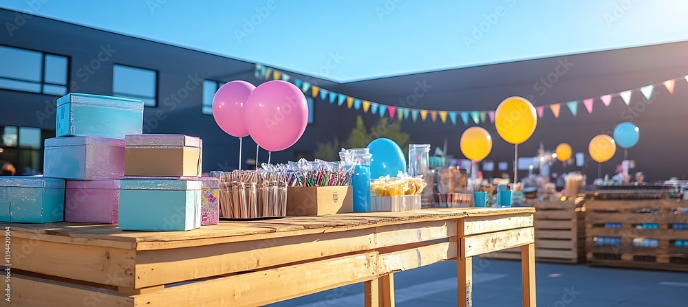Outdoor celebration with tables balloons and colorful festive decorations displayed