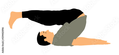 Sport man exercises yoga. Yoga pose vector illustration isolated. Active boy in gym stretching worming up. Health care activity male. Lying down exercise in rehabilitation center. Medical treatment.