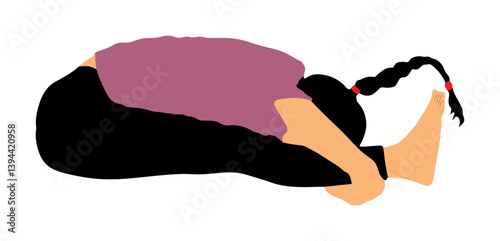 Woman exercises yoga. Yoga pose vector illustration isolated on white background. Girl practice in gym. Ballet lady pose.Work out, warming up, spirit female exercise. Stretching in peace on mind.