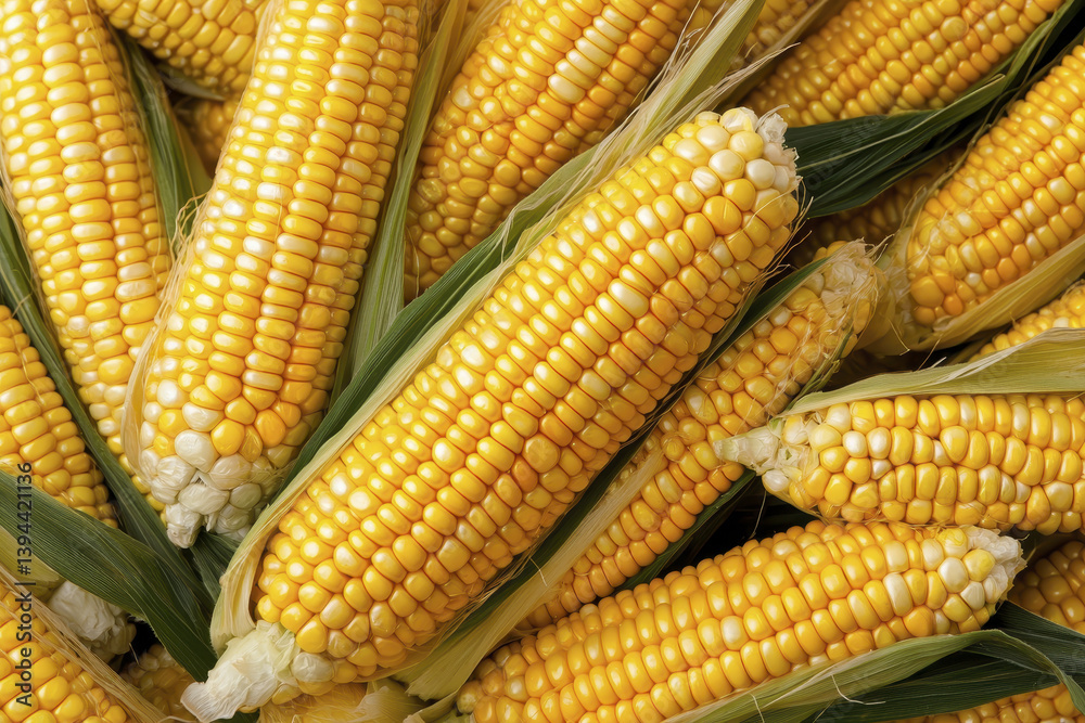 Fresh corn cobs with bright yellow kernels and green husks, showcasing beauty of bountiful harvest Fresh corn cobs with bright yellow kernels and green husks, showcasing beauty of bountiful harvest