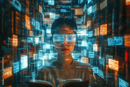 Wallpaper Mural A woman with digital glasses reads a book amidst a futuristic library filled with glowing data panels, merging knowledge and technology. Torontodigital.ca