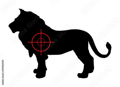Poacher man hunter with sight sniper rifle aims lion vector silhouette illustration isolated. Trophy hunting wild animal target shape. Precise shoot targeting big cat prey shadow. Hunt shooting.
