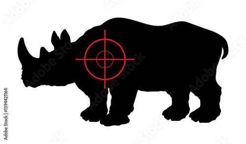 Poacher man hunter with sight sniper rifle aims rhinoceros vector silhouette illustration isolated. Trophy hunting wild animal target shape. Precise shoot targeting rhino prey shadow. Hunt shooting.