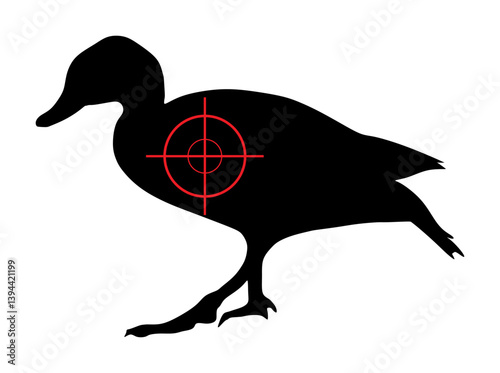 Man hunter with sight sniper rifle aims at duck vector silhouette illustration isolated. Sport hunting wild animal target bird shape. Precise shoot targeting at duck prey shadow. Hunt shooting.