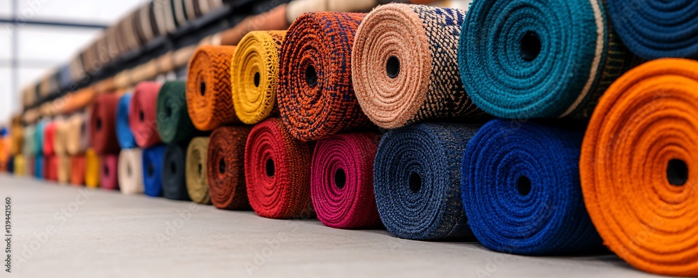 Rolls of colorful carpets are stacked neatly in a warehouse