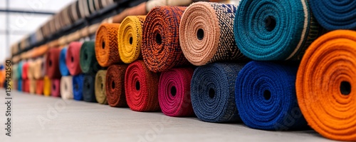 Obraz na płótnie Rolls of colorful carpets are stacked neatly in a warehouse w salonie