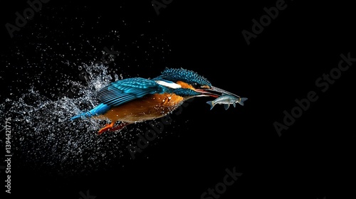   A blue and orange bird flying in the air with a fish in its beak, surrounded by water droplets