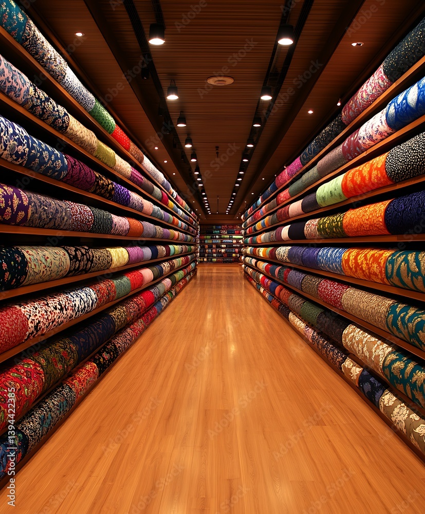 A long aisle filled with rolls of colorful fabric bolts