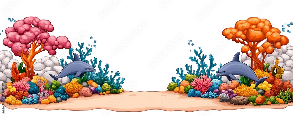 Two dolphins swim near colorful coral and underwater plant life