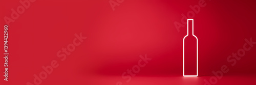 A minimalist depiction of a bottle in white against a solid red backdrop, showcasing clean lines and three horizontal divisions on its body.