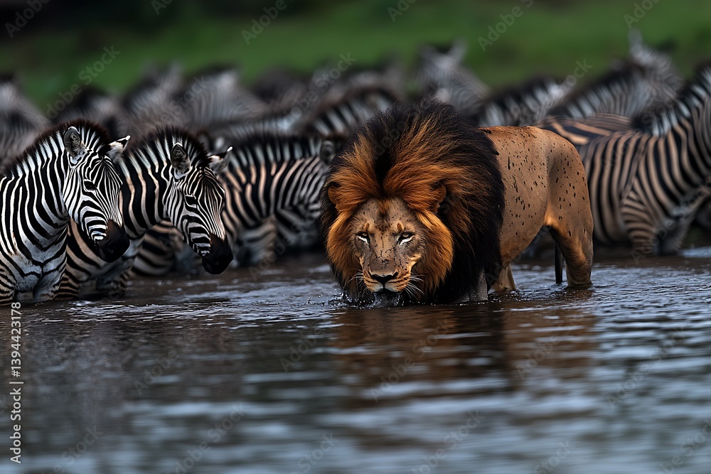 A majestic lion walks in water with zebra companions nearby